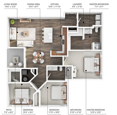 Floor plan for 3 beds, 2 baths, 1265 sqft